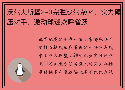 沃尔夫斯堡2-0完胜沙尔克04，实力碾压对手，激动球迷欢呼雀跃