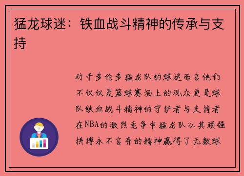猛龙球迷：铁血战斗精神的传承与支持