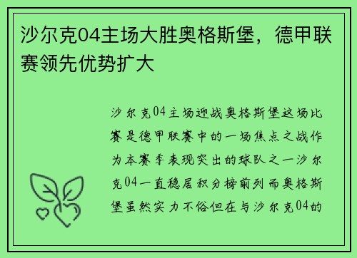 沙尔克04主场大胜奥格斯堡，德甲联赛领先优势扩大