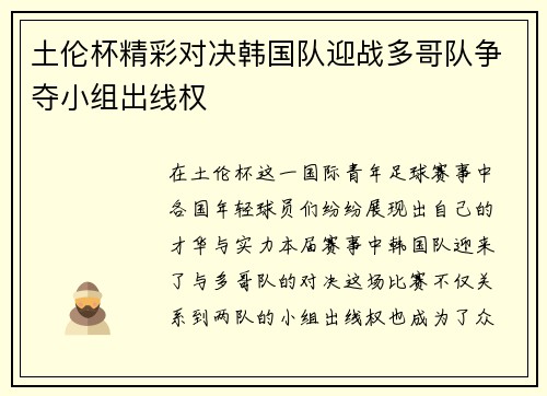 土伦杯精彩对决韩国队迎战多哥队争夺小组出线权